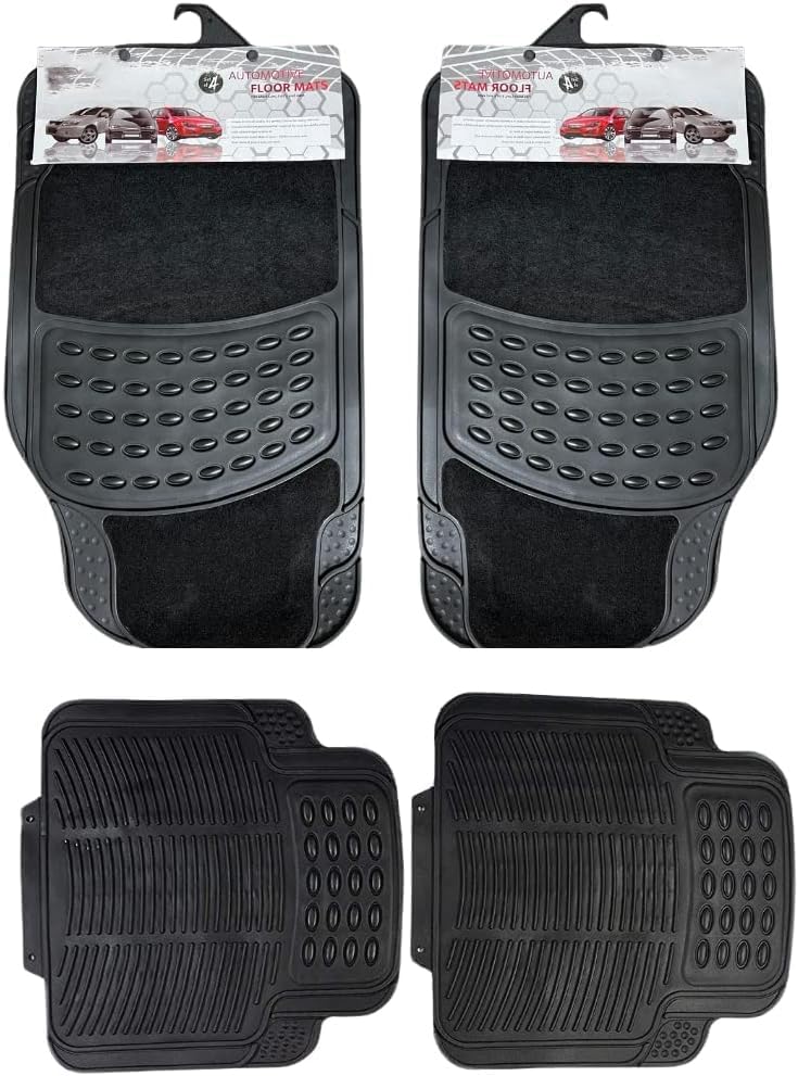 4 Piece Rubber Car Mat (Front + Rear) Universal Non-Slip Waterproof Heavy Duty for Cars, SUV, Trucks and Vans - Black (With Carpet)