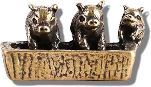 4.6cm Brass Mini Zodiac Pig Statue, Retro Creative Tea Pet Three Pigs Desktop Decoration Crafts