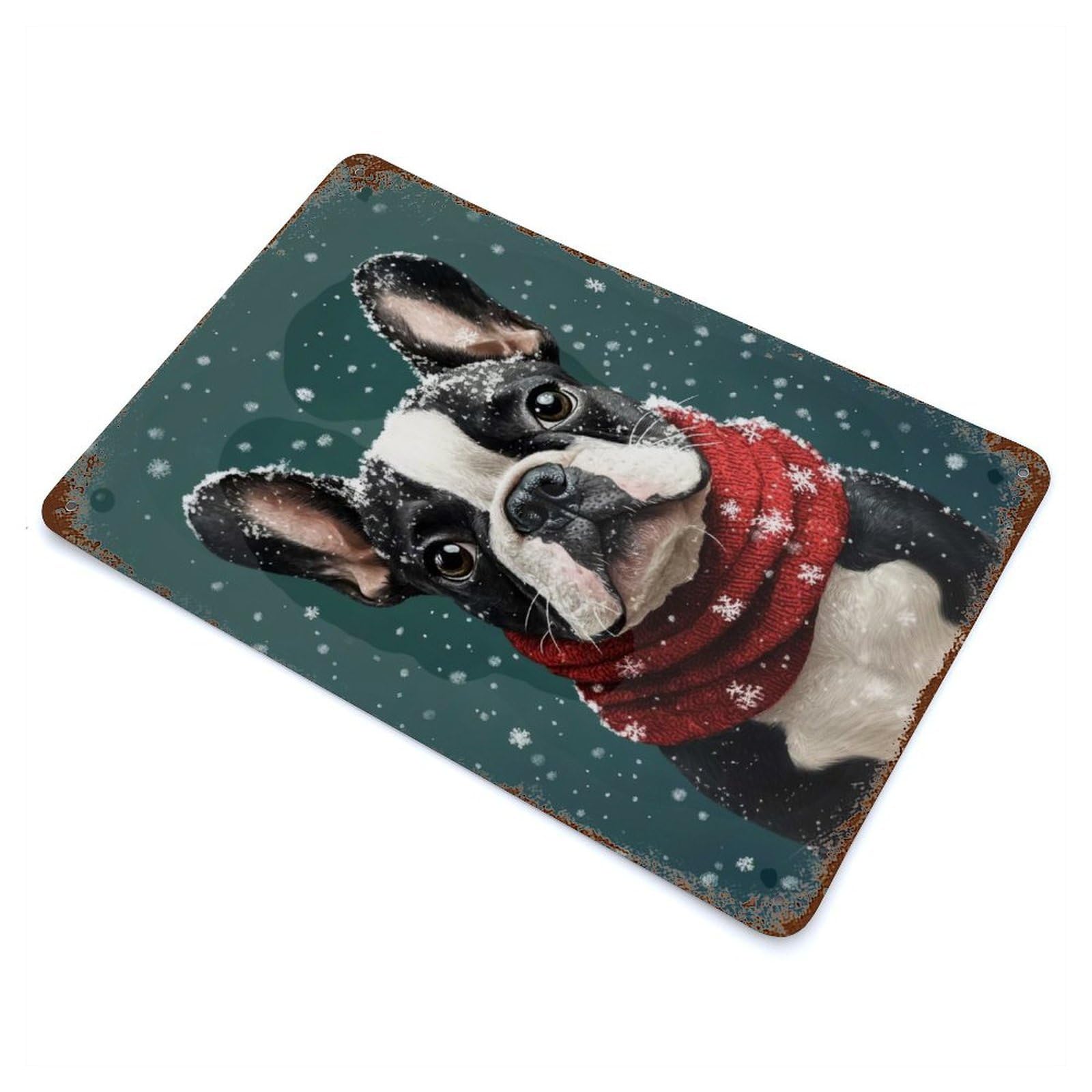 Retro Metal Sign with Boston Terrier in Christmas Outfit Festive Dog Wall Art Design 11.8"x7.9", for Bistro, Counter And Cafe Decor, Shabby Chic Decor