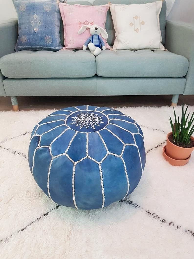 DELORM Blue Leather Moroccan Pouf, Natural Dye Blue