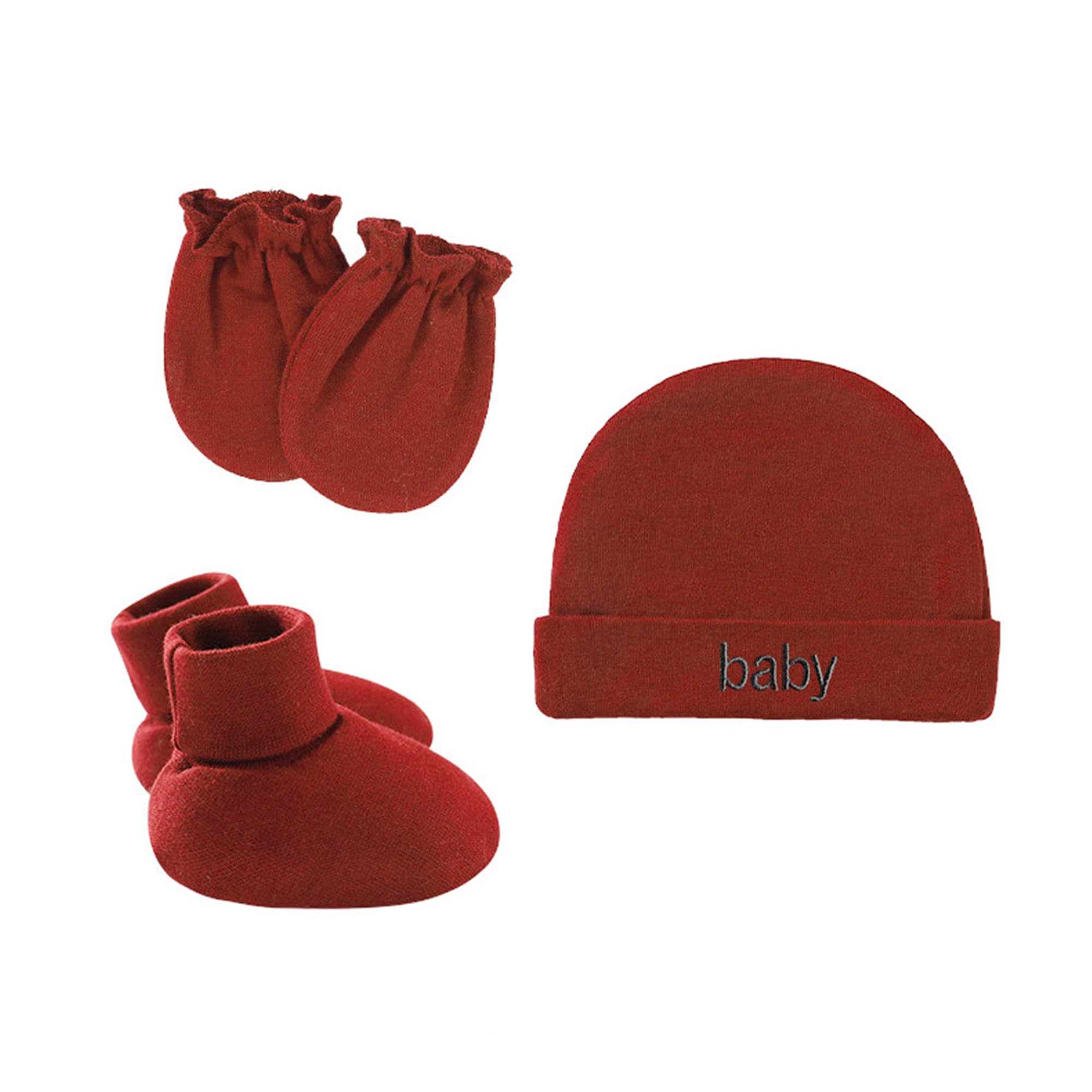LDDCX Baby Anti Scratching Soft Cotton Gloves Foot Cover Hat Set Newborn Accessories(LDZ82) (Rust red)