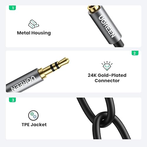 Miniatura 4 de Cable auxiliar estéreo delgado prémium marca Ugreen con splitter de audio y conectores de metal chapados en oro con entrada macho de 0.13 pulgadas y
