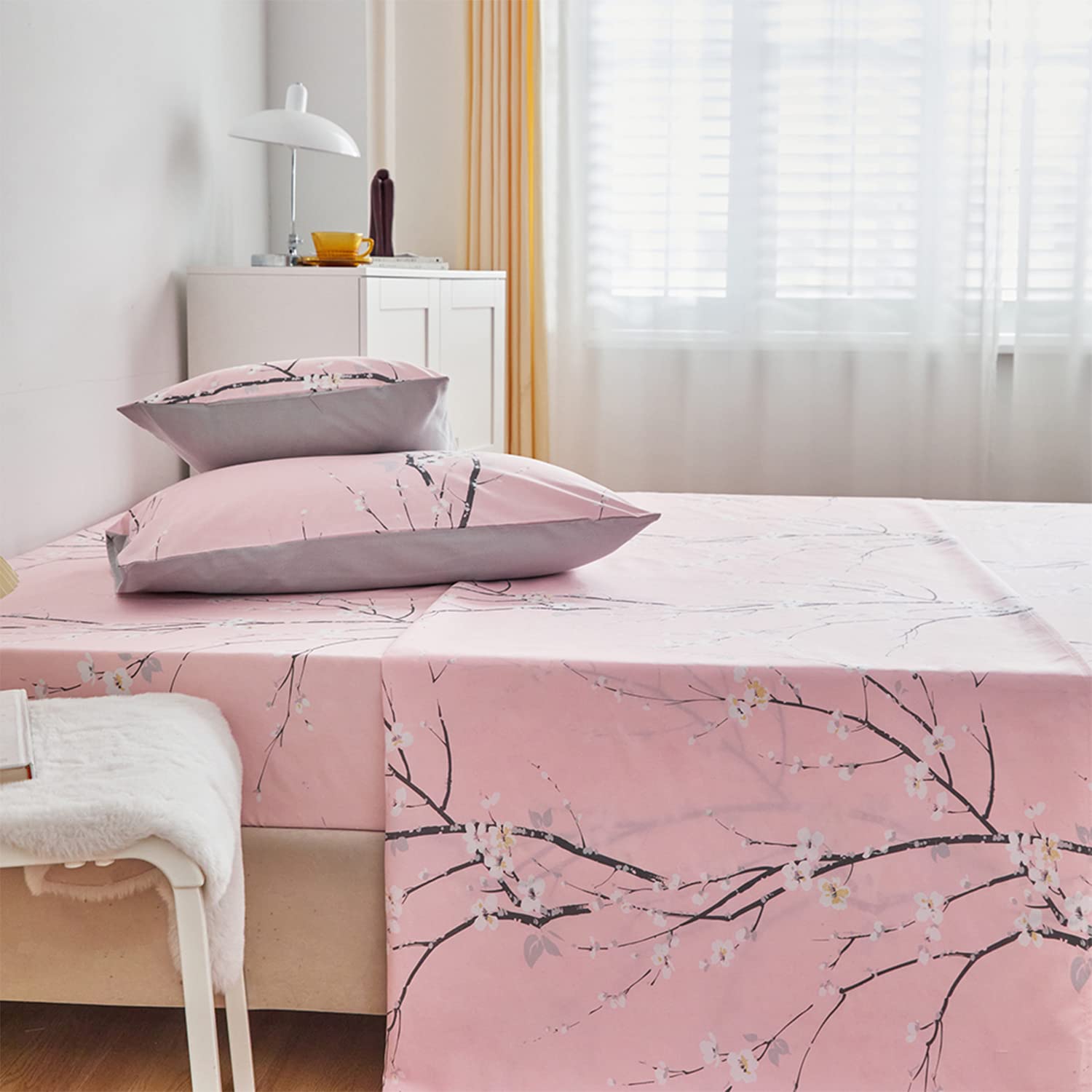 Twin Size Bed Sheet Set Blush 4 Pcs Sheets Set with Deep Pocket Floral Branch Print Sheets Set Pink Bedding Sheets for Bedroom (Blush, Twin)