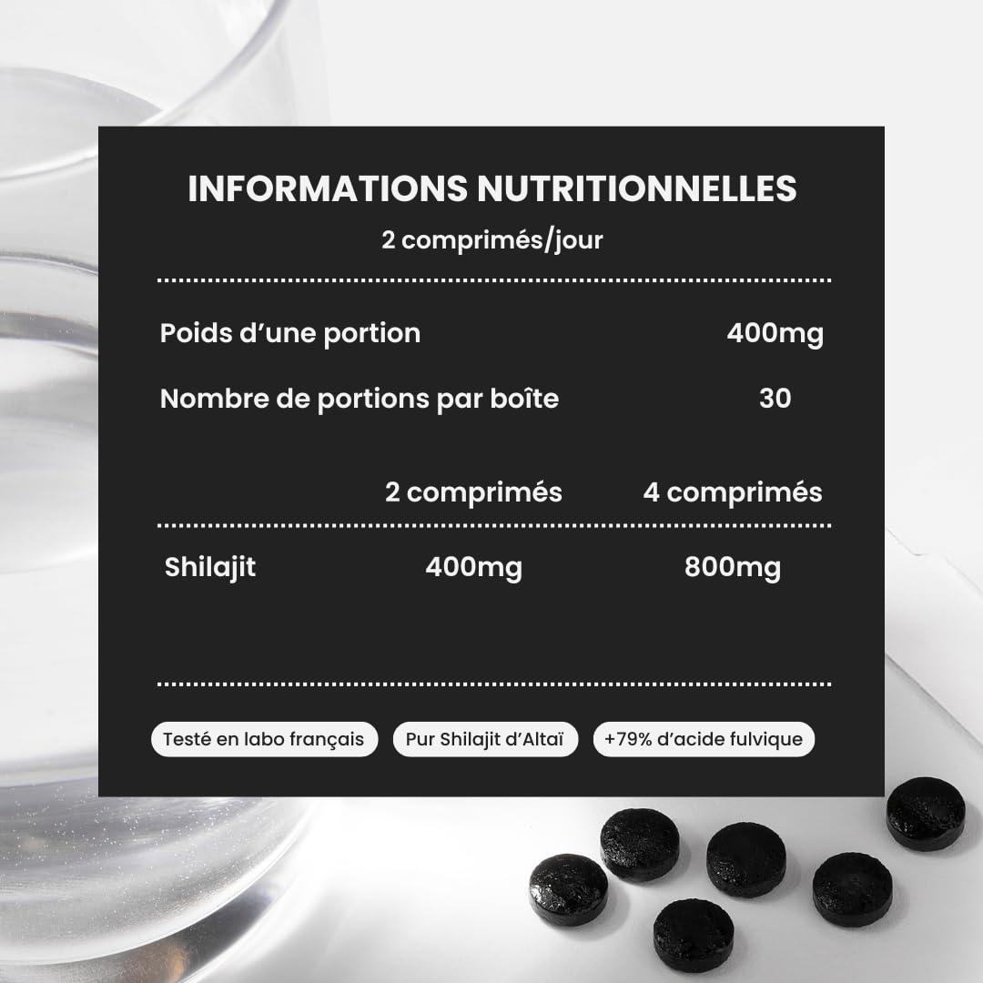 Shilajit Primal 100% Pur de l’Altaï en comprimés, 79% d’Acide Fulvique, 85+ Minéraux Naturels, Énergie, Vitalité & Équilibre Général, Complément Alimentaire Homme & Femme