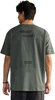 The Souled Store Harry Potter: Mischief Managed Men and Boys Short Sleeves Round Neck Grey Graphic Printed Vintage Wash St...