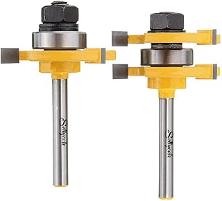 2Pcs Tongue and Groove Router Bit Set 1/4 Shank, SellyOak Tongue Groove Router Bit, 3 Teeth Adjustable T Shape for Doors, Drawers, Shelves & More