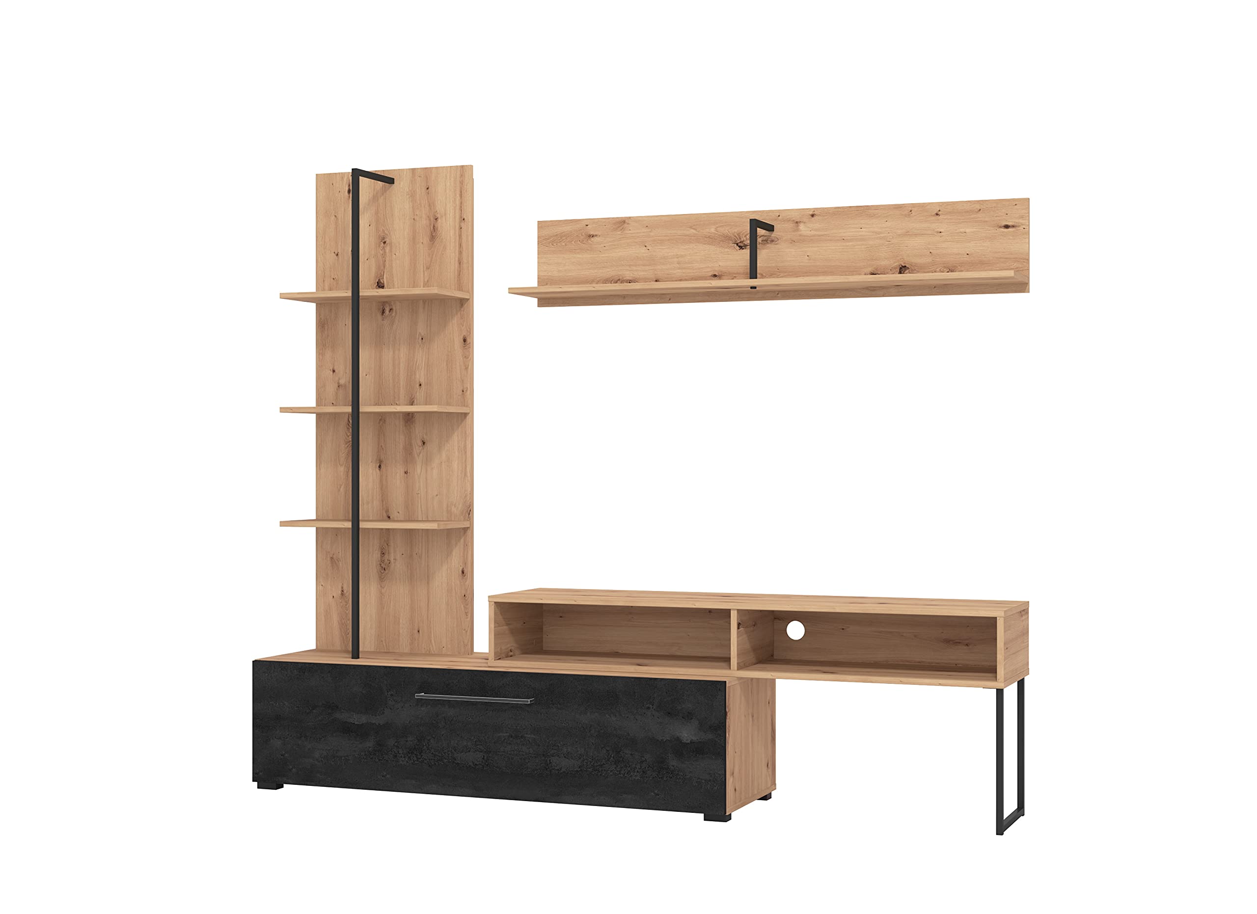 AVANTI TRENDSTORE Evo - Moderna parete da soggiorno in legno laminato in stile quercia Artisan/nero, perfetta per ogni salotto. Dimensioni: LAP 205,5x173x41,5 cm