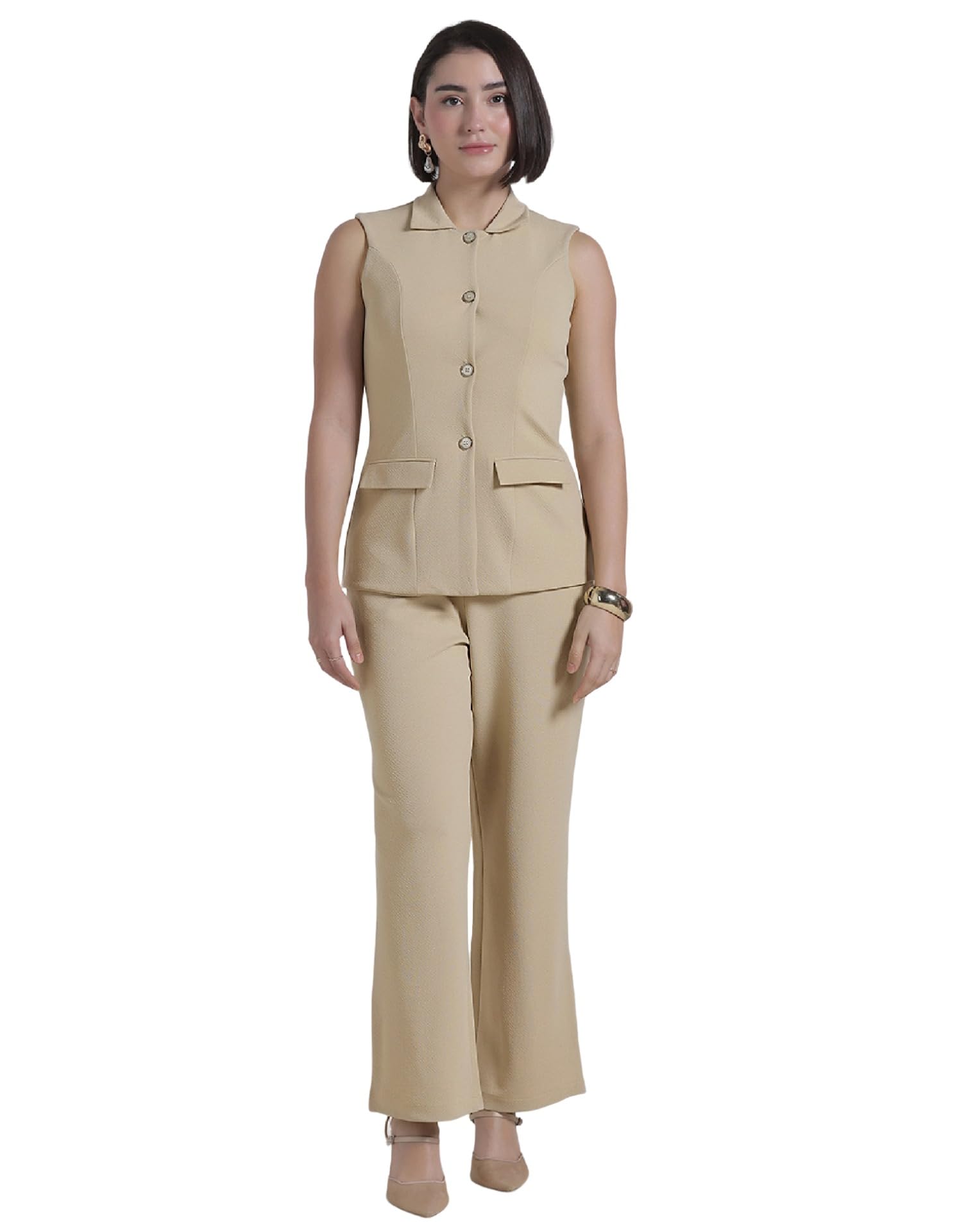 selvia Beige Lycra Textured Co-ord Set for Women, Button Front Waist Top and Trouser Pant-picture-17