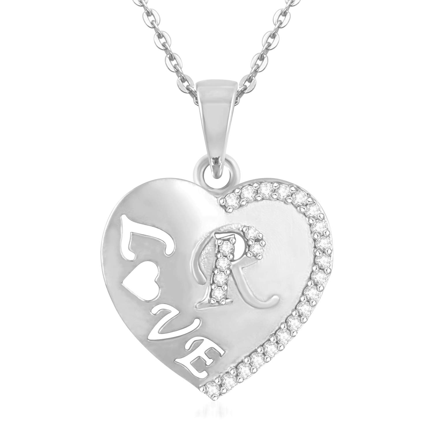 Valentine Love Pendant R Letter Silver Gold plated Heart shaped Valentine Latest American Diamond for Women Girls Girlfriend Couples Lovers alphabet Cubic Zirconia Brass Chain Pendant-image-31