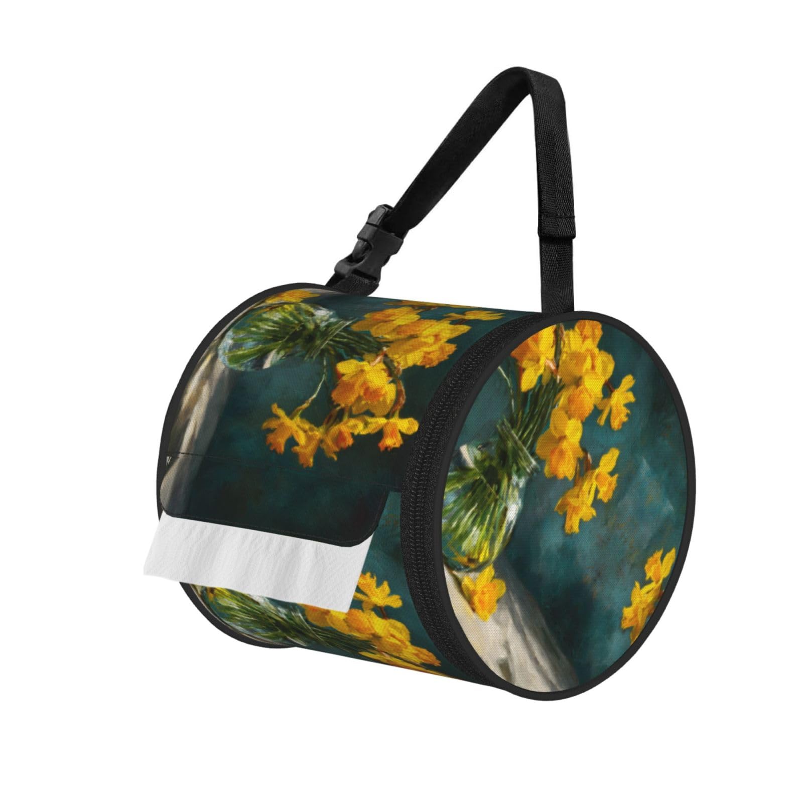 Bouquet Of Daffodils Printed Cylindrical Tissue Bag Portable Oxford Cloth, Foldable Travel Tissue Holder With Zipper And Adjustable Belt