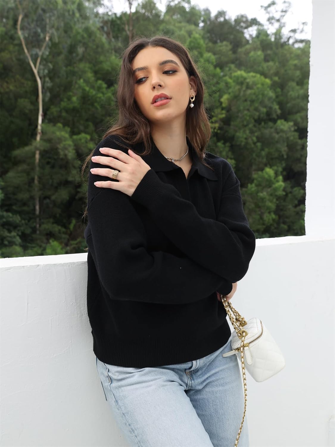 Women's Polo Sweater V Neck Long Sleeve, Pullover Knit Sweaters for Women Lapel Collar - Image 7