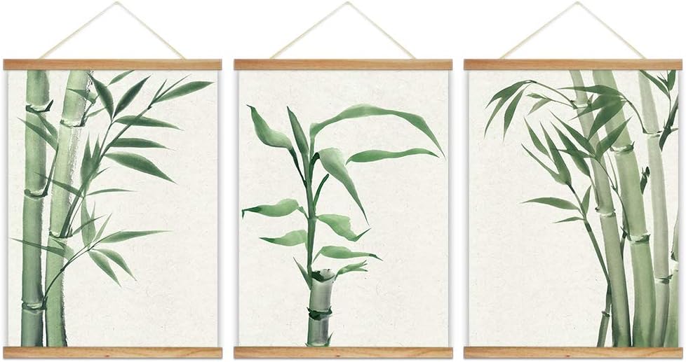 wall26 - 3 Panel Hanging Poster with Wood Frames - Watercolor Painting Style Bamboos - Ready to Hang Decorative Wall Art - 18"x24" x 3 Panels