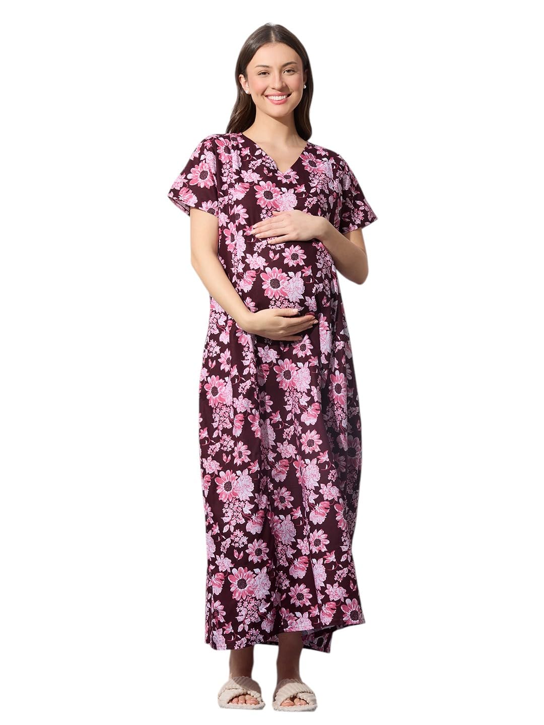 Women's Cotton Printed Feeding Maternity Nighty | Nursing Gown with zips on Both Sides (Claret Wine, Free Size)