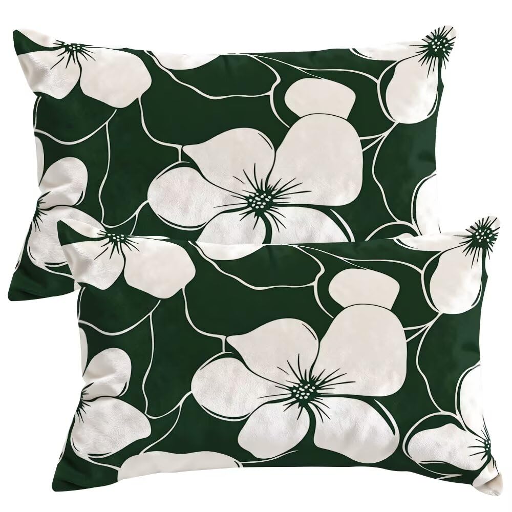 Set of 2 Velvet Cushion Covers 30x50 cm Dark Green Cushions Covers Decorative Throw Pillow Case Flowers Spring Sofa Pillows 12x20 Inch Cushion Cover with Invisible Zipper for Livingroom Bedroom -SC365