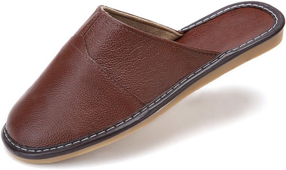 SAMSAY Unisex Genuine Cowhide Leather House Slipper Closed Toe Flat Sandals Shoes for Womens & Mens