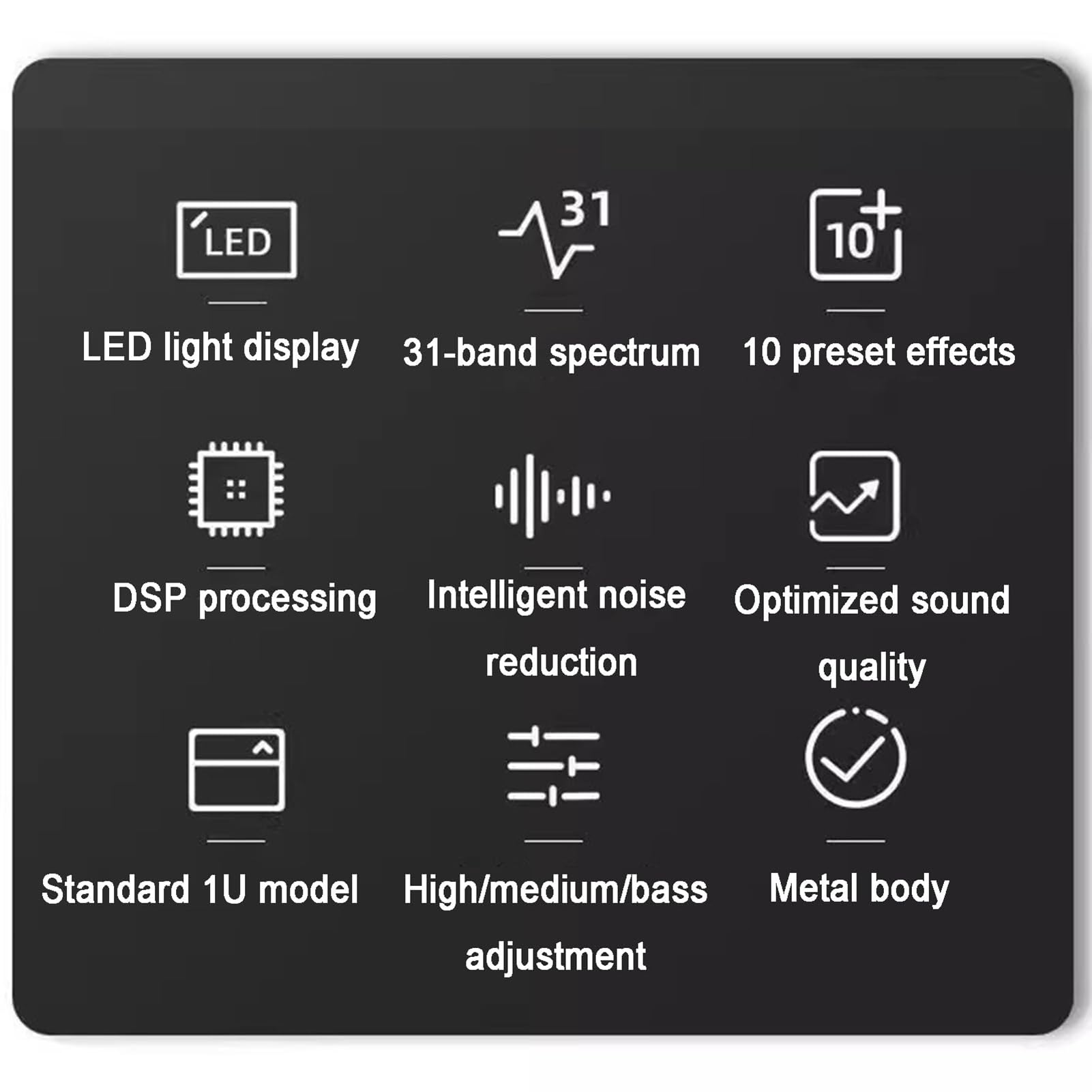 égaliseur Graphique 31 Bandes, Système Audio Stéréo Numérique Professionnel avec Réduction du Bruit, Affichage LED du Spectre Musical, 10 Effets Préréglés, Entrée Optique Coaxiale Bluetooth, pour