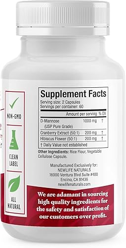 Miniatura 5 de NewLife Naturals D Cápsulas de manosa Suplemento de arándano Infección del tracto urinario UTI 1400 mg Dmannose Arándano Hibisco Flor 120 cápsulas