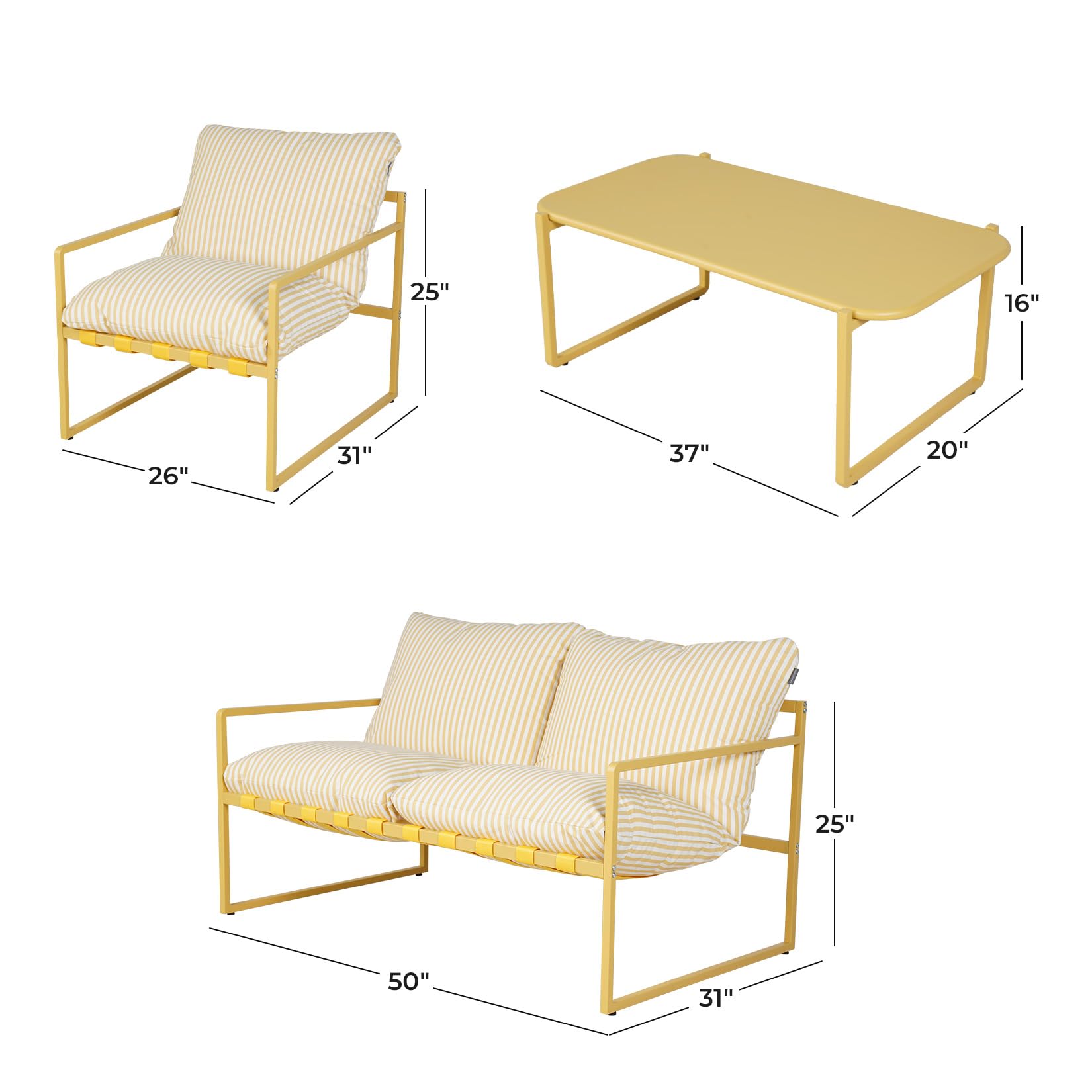 Grand patio Gartenmöbel 4er Set, Balkonmöbel Set 4 Personen mit Kissen, Lounge Möbel Outdoor mit Gartensofa, 2 Sessel, Tisch, Terassenmöbel Sitzgruppe Loungemöbel für Garten, Außen, Drinnen (Gelb)