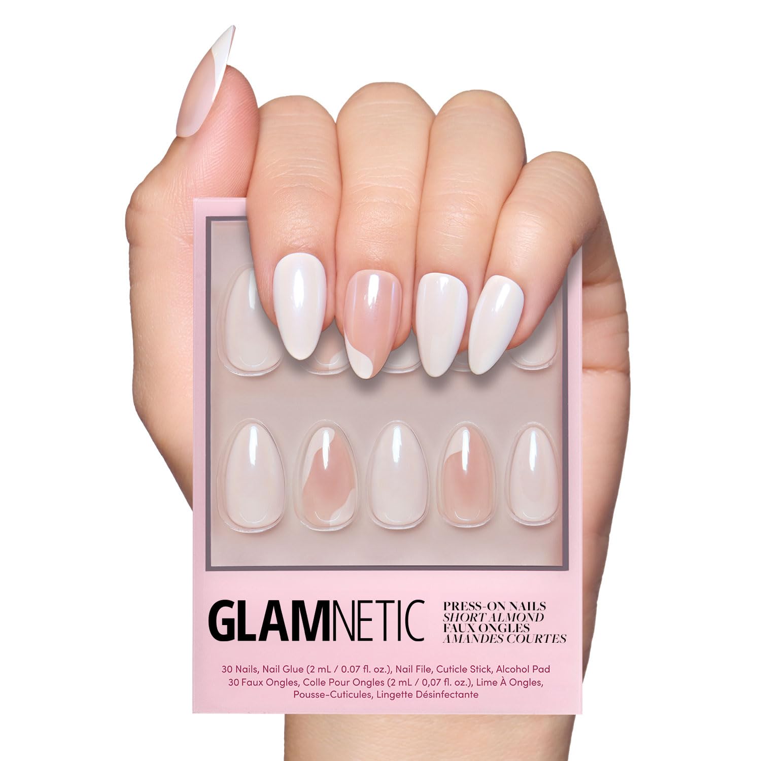 Glamnetic Press On Nails - Lovey Dovey Spring Nails | Glossy, Semi-Transparent Short Almond Fake Nails with Abstract Accents, Salon Quality | 15 Sizes