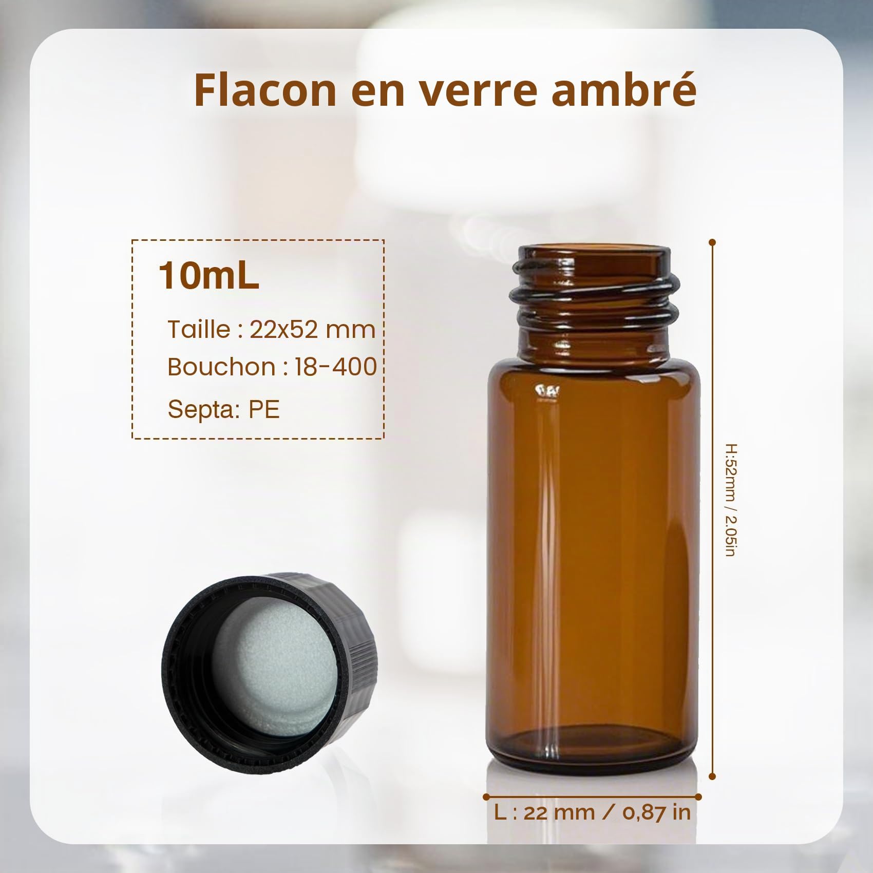 ALWSCI 20 Pièces 10 mL Ambré Flacon Echantillon en Verre, 18-400 mm Noir Bouchon en Polypropylène - 22 x 52 mm