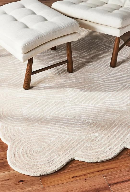 Image of Hand-Tufted Woolen Rugs for Living Room 6x9 feet Peach & White Anti-Skid High Pile Thick Carpet for Hall & Bedroom