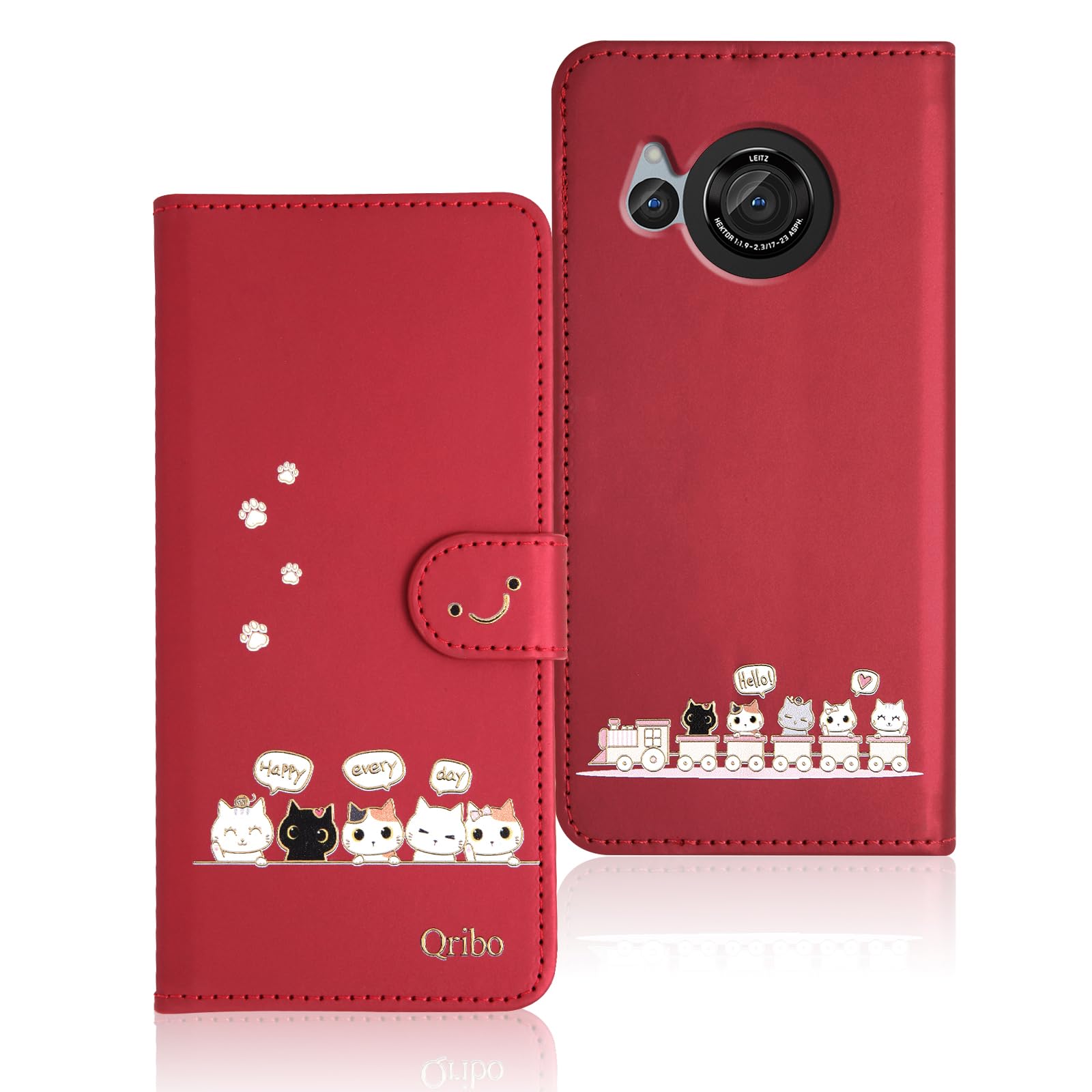 Qribo Aquos R8 ケース 手帳型 アクオス R8 ケース 手帳型 アクオス R8 カバー Aquos SH-52D ケース シンプルなのに可愛いデザイン エンボス加工猫柄 うれしい気持ち 6.39インチ対応 アクオス SH-52D カバー Aquos R8 スマホケース あくおす R8 ケース 薄型 防水 の耐久性 滑り防止 美しい 贈り物 友達 - 赤