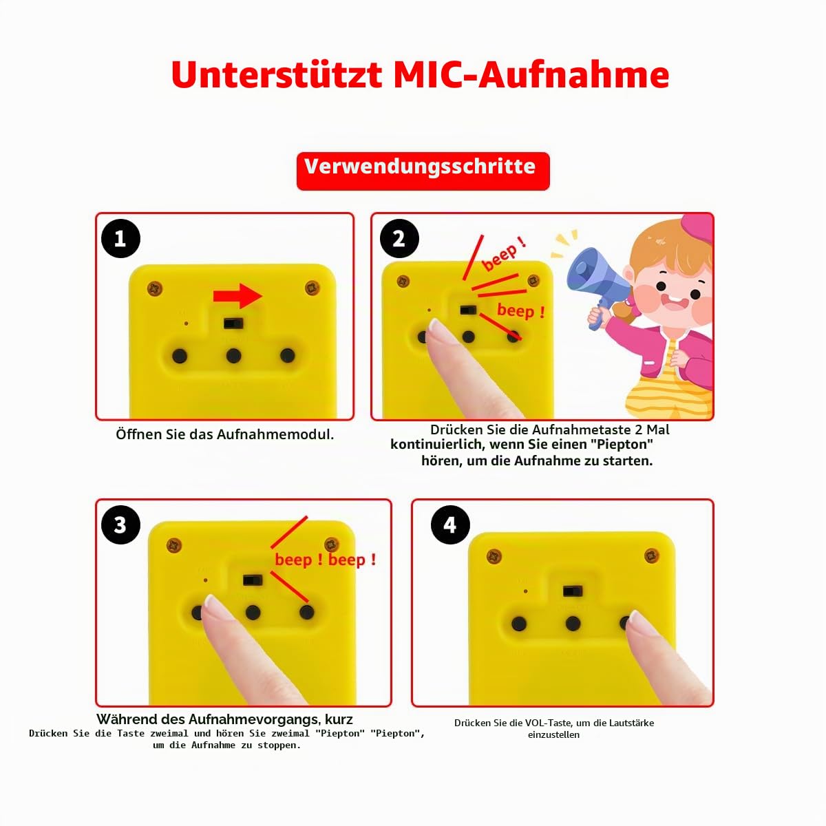 16 MB Diktiergerät mit Lautsprecher, unterstützt Bluetooth und Mikrofonaufnahmen,16 Minuten einfache Sprachaufzeichnung für personalisierte Begrüßungen, DIY-Projekte, Bastelarbeiten usw.Gelb