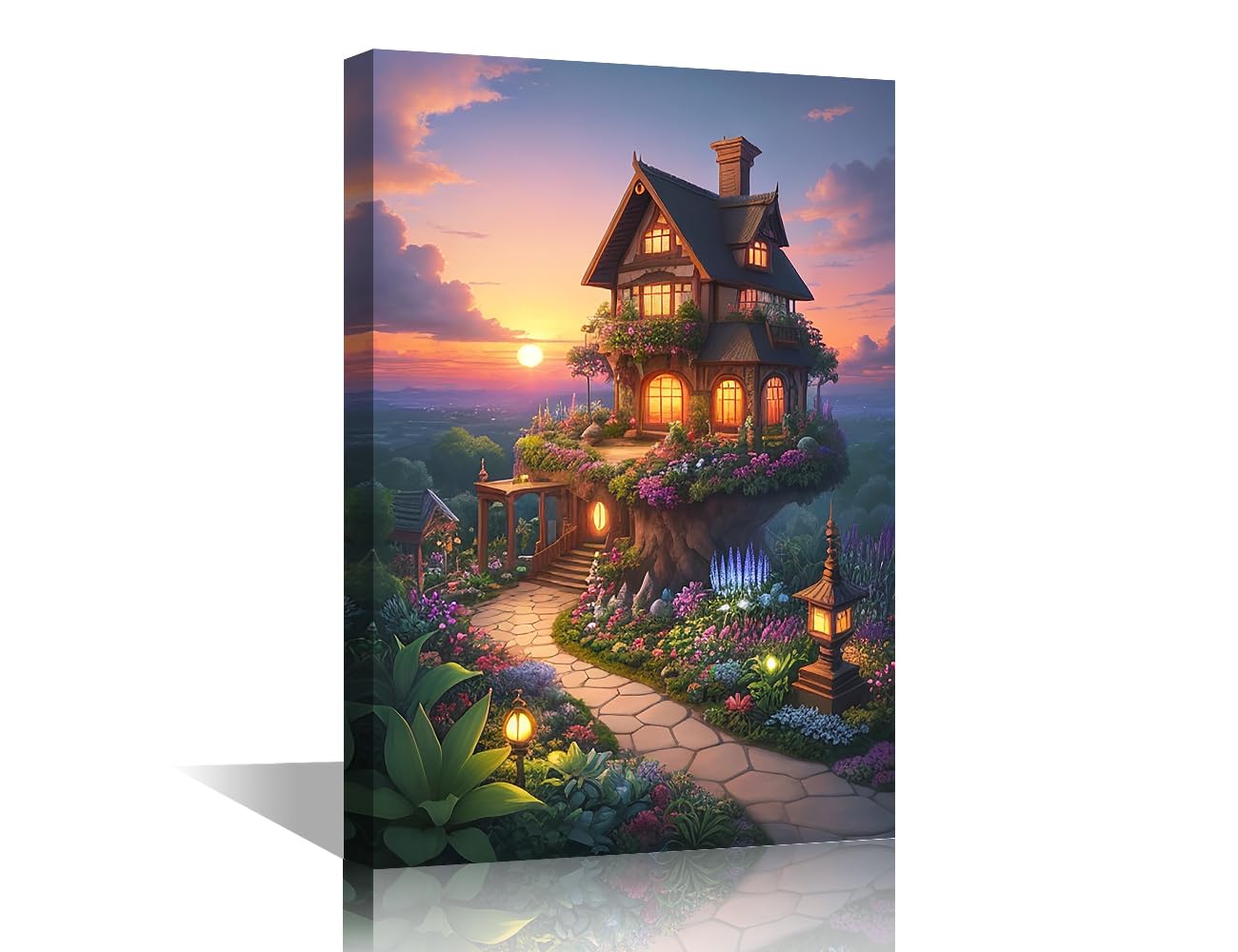 TISHIRON Canvas Wall Art for Living Room Fairy Tale House Modern Home Decor Fantasy Garden at Sunset HD Printed Posters Artwork for Bedroom Office Wall Painting Pictures Ready to Hang, 24x16in