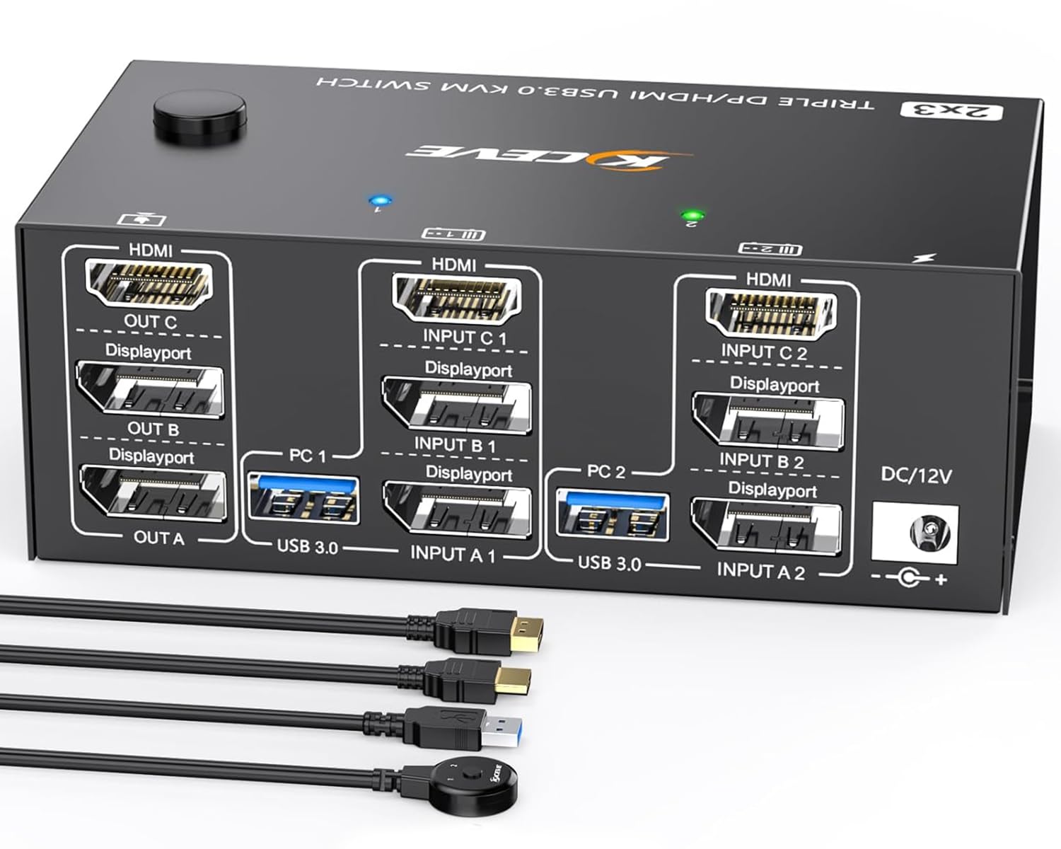 Przełącznik KVM, 2 szt., 3 monitory, 8K przy 60 Hz, 4K przy 144 Hz, ESKEVE HDMI+2 Displayport KVM Switch do 2 monitorów komputerowych, Share 3 i 4 urządzeń USB3.0, z zasilaczem DC 12 V + przewodowym