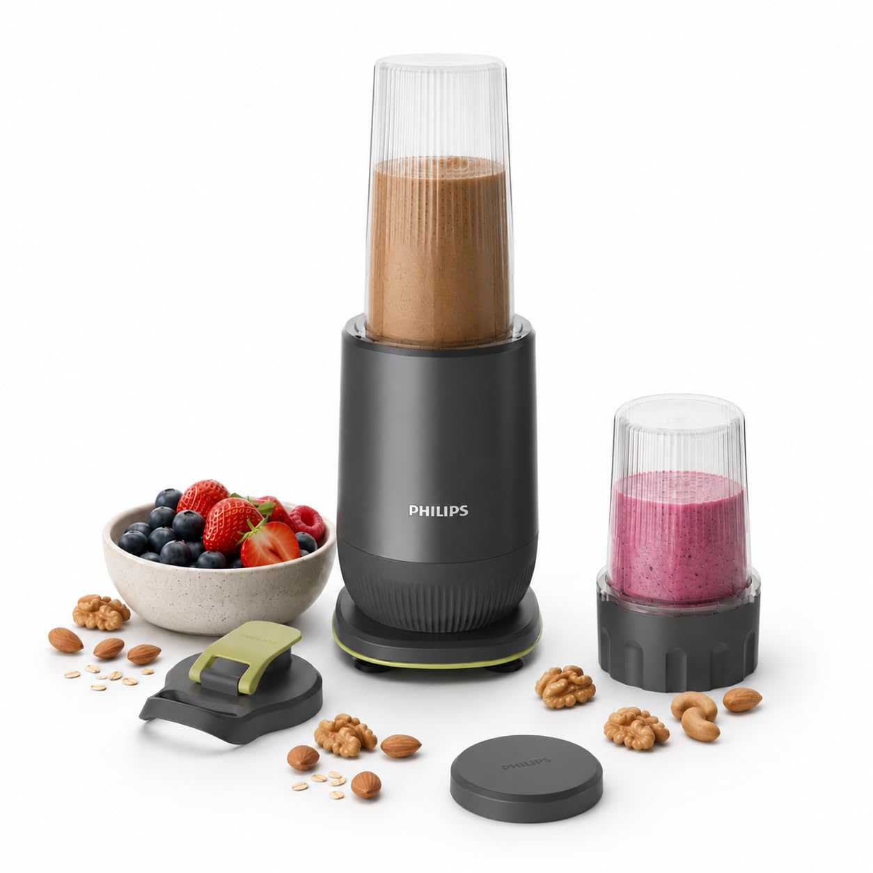Philips HR2612/00 Mini Blender | 2 Unbreakable Food-Grade PC Jars | ProBlend Technology for Smooth Blending in seconds | Blend & Carry Jar | Superfood Smoothies, Protein Shakes, Dips & more (Grey)-image-1