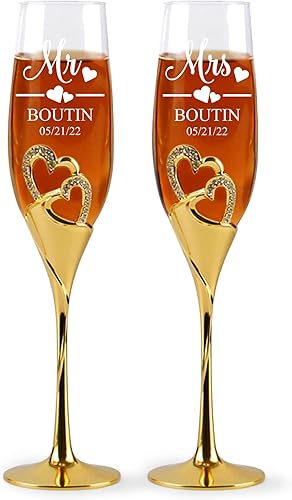 Miniatura 1 de Flautas de champán de diseño único para novia y novio, decoración de corazón personalizada, juegos de tazas de tostado para parejas, flautas de