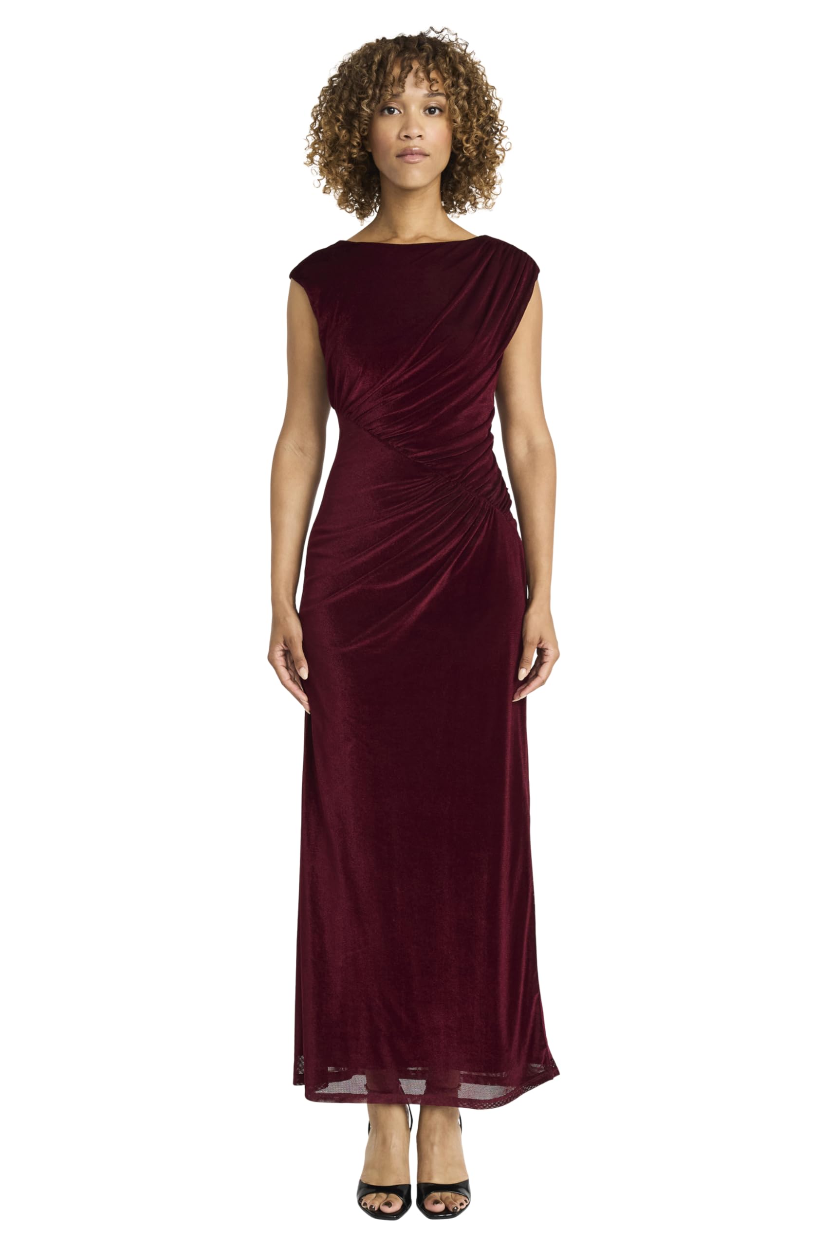 Maggy London Women's Elegant Floor-Length Gown - Fitted Silhouette with Cap Sleeves - Boat Neck Maxi Dress for Special Occasions