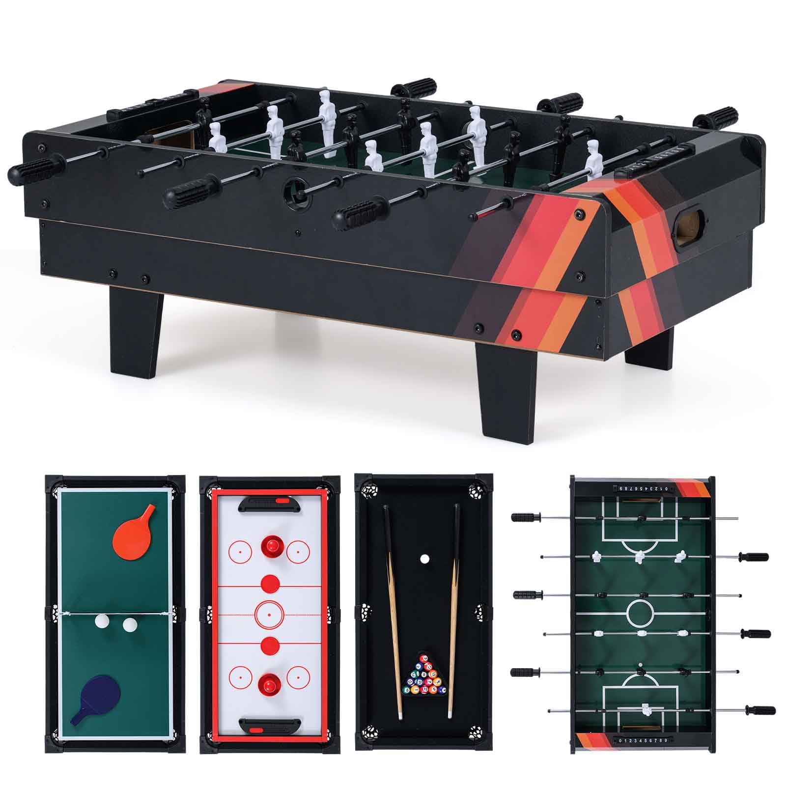 HOMASIS Tavolo da Gioco 4 in 1 in Legno per Bambini e Adulti, Tavolo da Biliardino con Piani Sovrapponibili per Biliardo, Hockey su Aria, Biliardino, Ping Pong per Casa, Sala Giochi