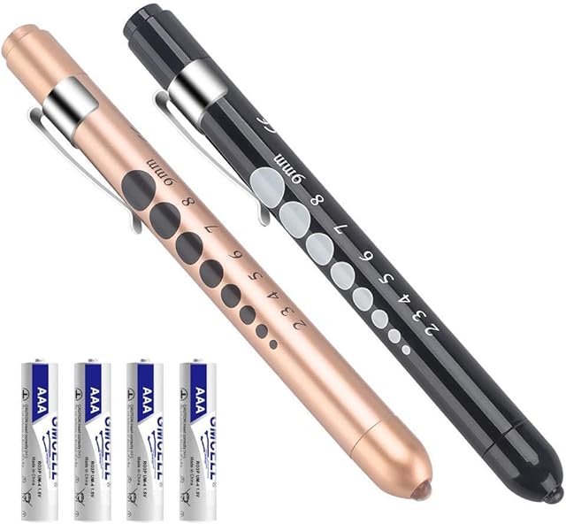 CAVN Diagnostic Medical Pen Torch Penlight(2 Packs), Reusable LED Medical Penlight with Pupil Gauge for Nurses Doctors with Pocket Clip with 4pcs Batteries