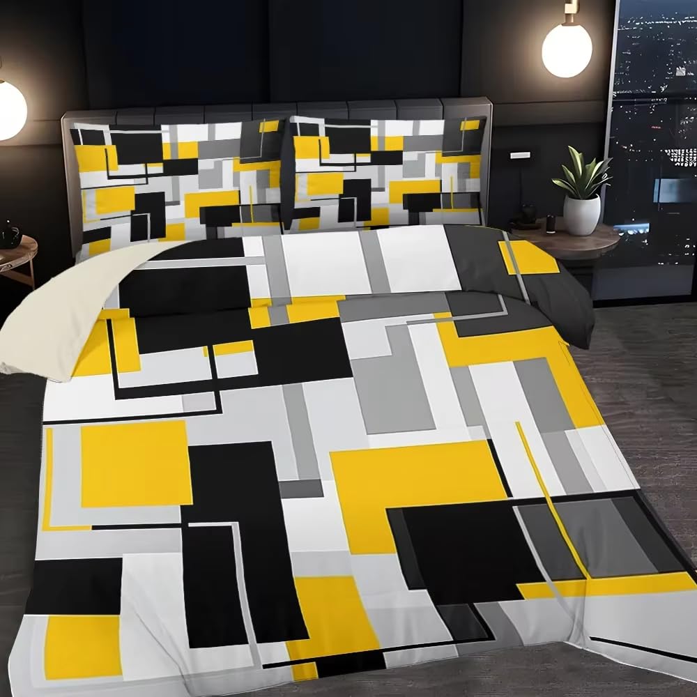 Housse de couette 150x210cm et courtepointe imprimé numérique jaune noir gris 3 pièces