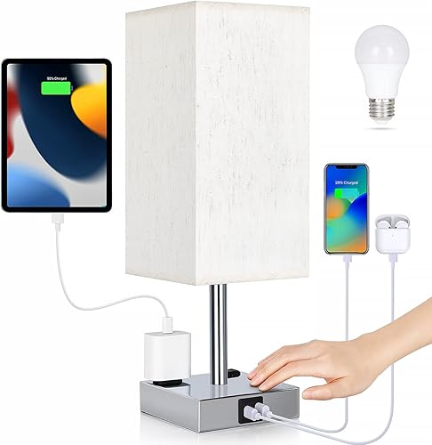 Miniatura 9 de Lámpara de noche con puertos USB, lámpara de mesa de control táctil para dormitorio con puertos de carga USB C+A y salidas de CA, luz regulable de 3