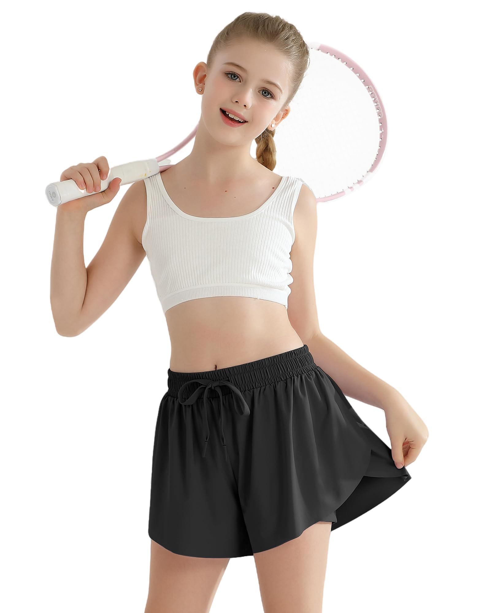 Girls Flowy Athletic Shorts with Pocket Kids Spandex 2 in 1 Drawstring Butterfly Skorts for Cheer, Dance, Running