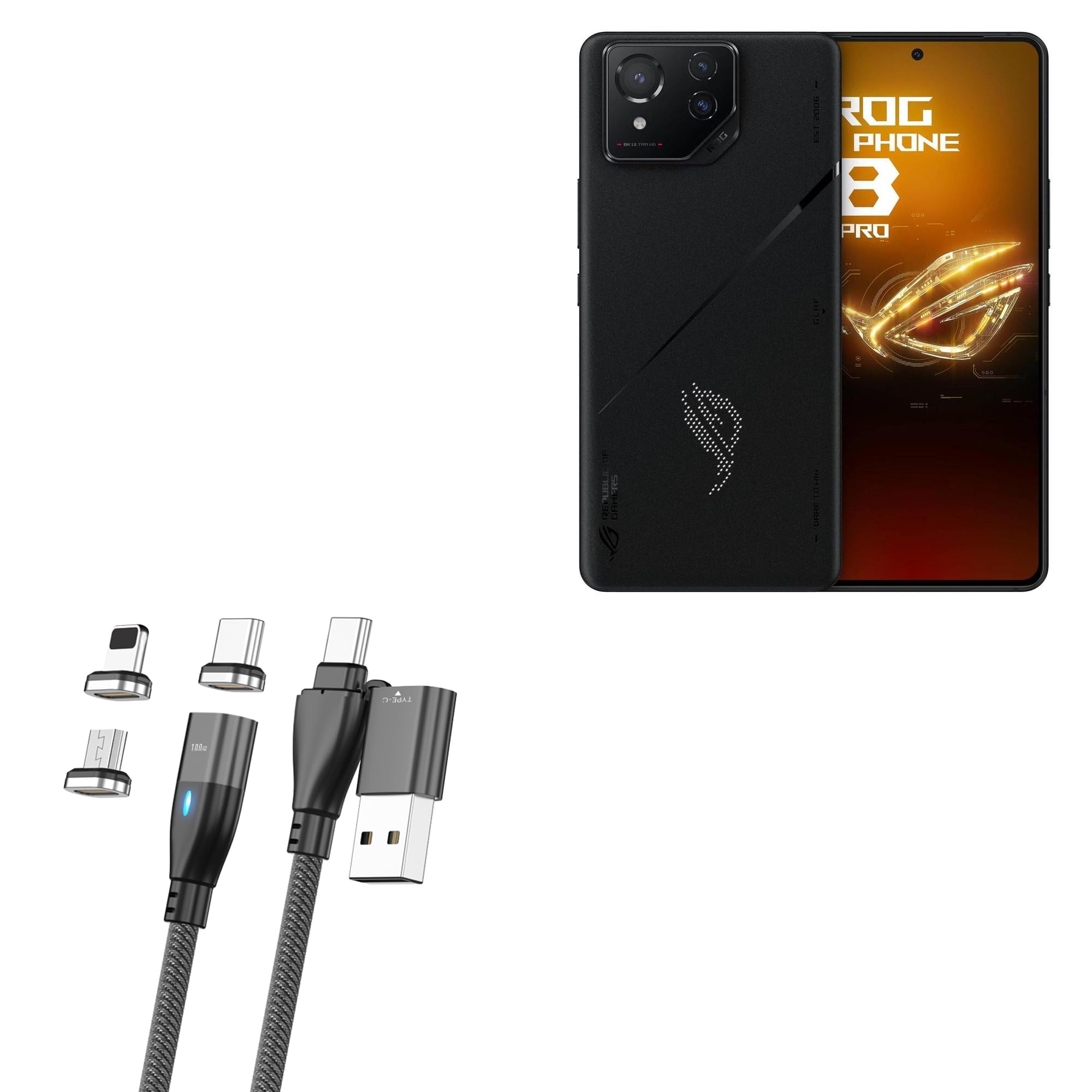 BoxWave Cable Compatible with ASUS ROG Phone 8 Pro - MagnetoSnap PD AllCharge Cable (100W), Magnet PD 100W Charging Cable USB Type-C Micro USB - Jet Black