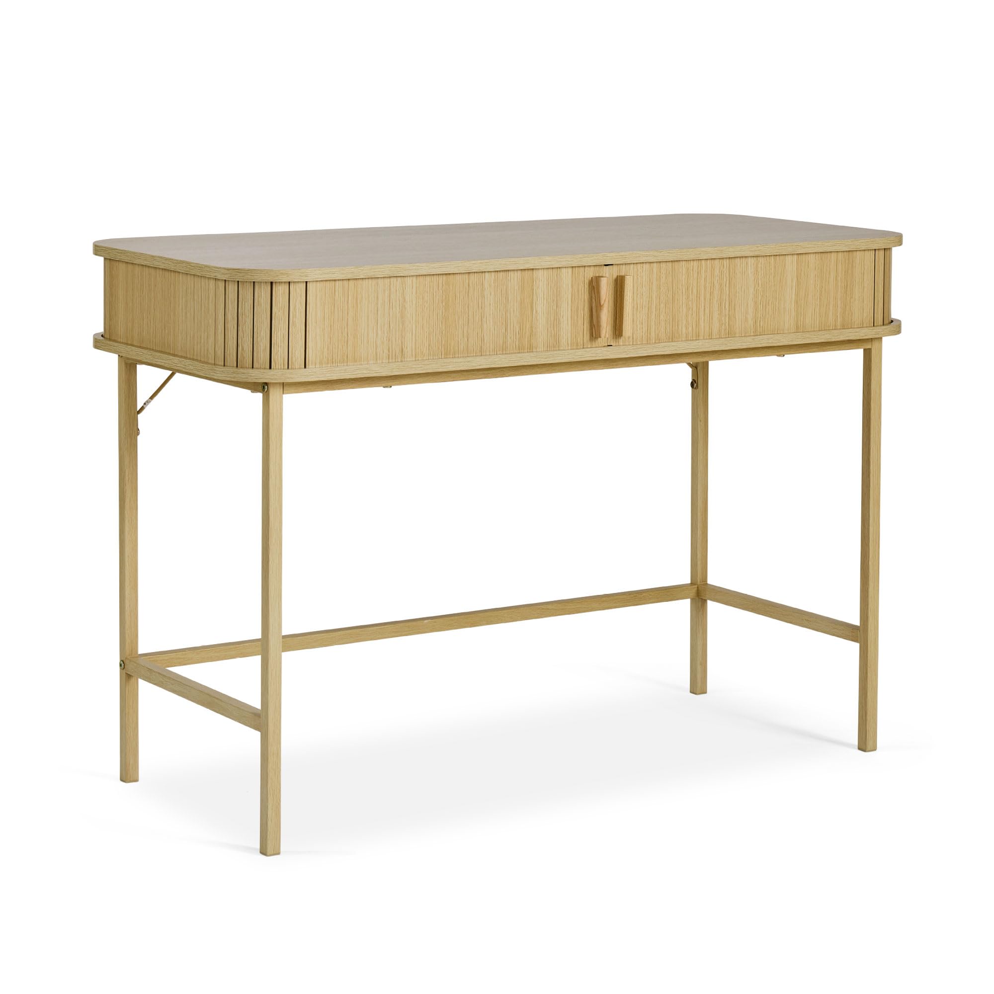 VonHaus Computer Desk – Home Office Desk with Storage & Sliding Doors – Sturdy PC Table for Bedroom & Homeworking - Light Wood Effect Workstation with Tambour Slatted Design Vanity Table - Landos