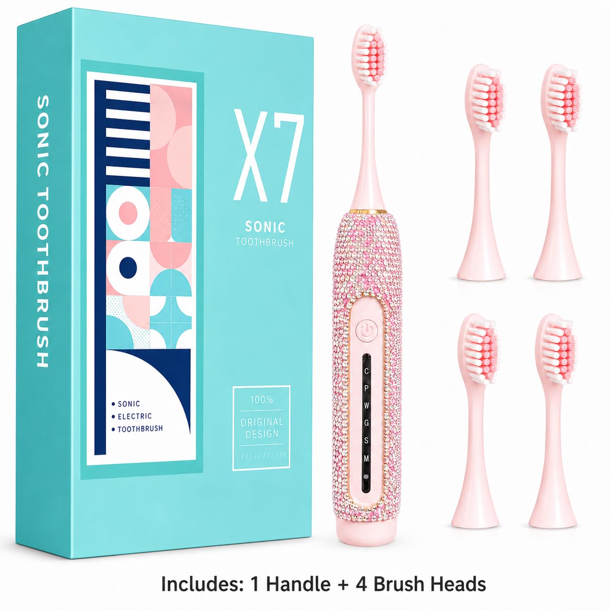 Spazzolino elettrico per ragazza spazzolino rosa Bling Diamond Decor portatile da viaggio essenziale per le donne spazzolino rosa con 3 testine di ricambio 6 modalità