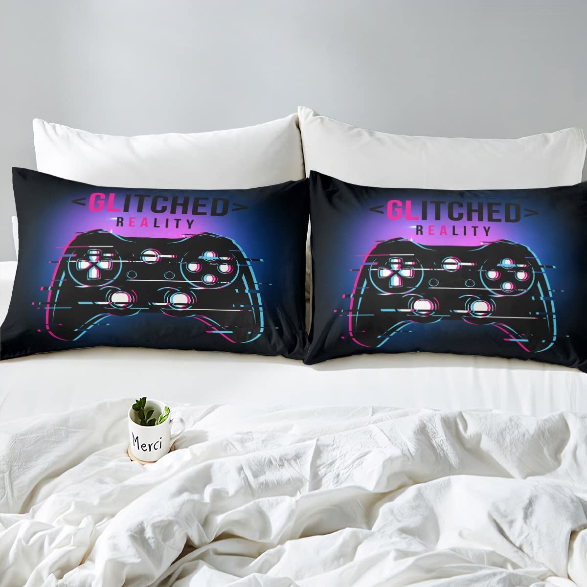 Loussiesd Gamer Dekbedovertrek voor jongens, zwarte beddengoedset met gamepad voor kinderen, tieners, dekbedovertrek voor videogames, luxueus, nieuwigheid, geometrische spelcontroller, decoratieve
