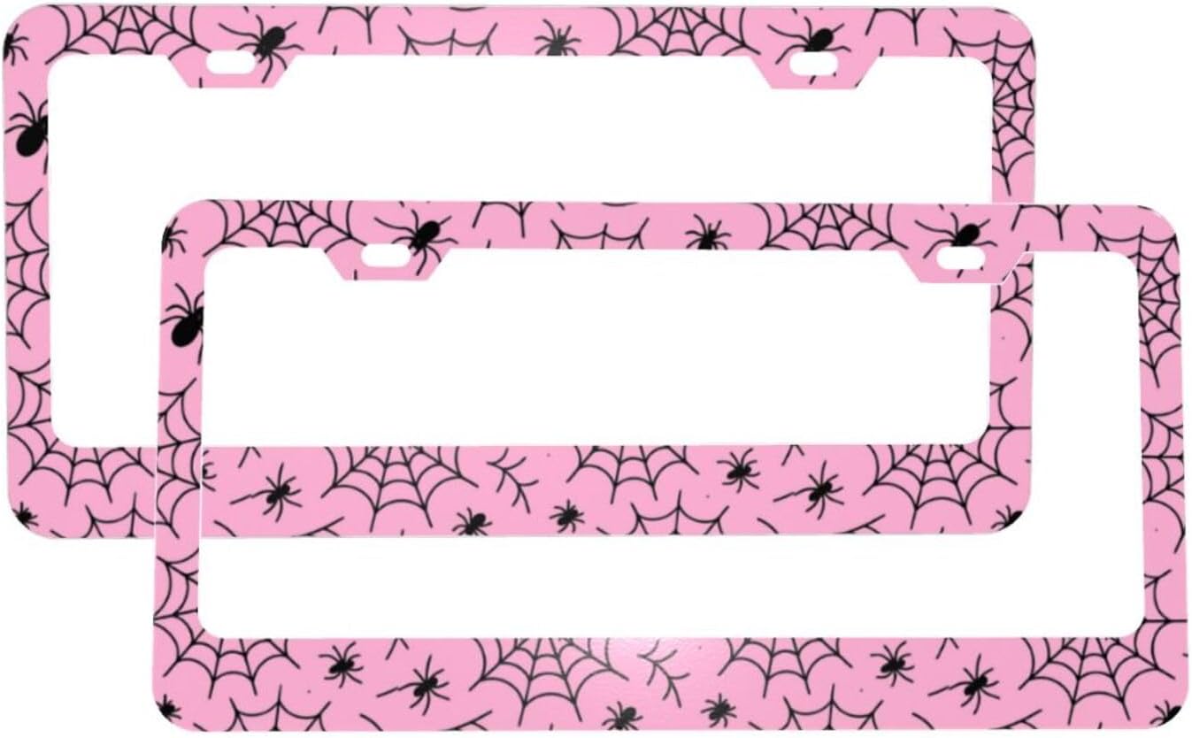 Spooky Spider Web Pink Matte Aluminum License Plate Frame with Black Screw Caps，2pcs 2 Holes Black Licenses Plates Frames,Car Licenses Plate Covers Holders for Us Vehicles/Women/Men