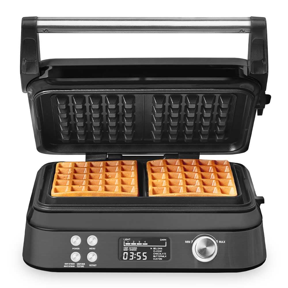 Gofrera belga con 7 niveles de tostado, 1600 W | Pantalla LCD, antiadherente, para gofres gruesos, revestimiento cerámico, altura ajustable, color negro