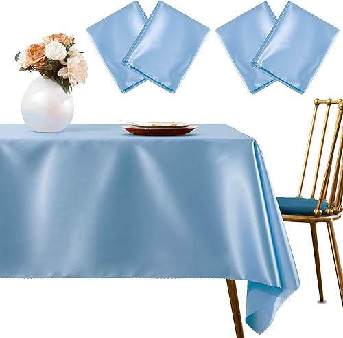 Miniatura 1 de SiinvdaBZX Paquete de 4 manteles de satén azul de 108 x 54 pulgadas, manteles suaves y brillantes para mesa rectangular de 6 pies, resistente a las