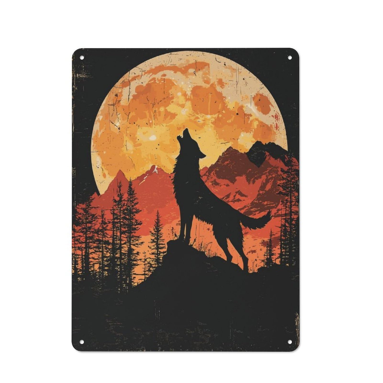 Junmoney Wolf Howling At The Moon Metal Wall Sign 40X30cm Featuring For Home Bar Wall, For Themed Interiors In Home Bars And Entertaining Spaces