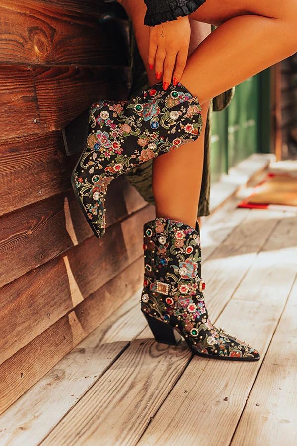 GPXGPX Western Cowboy Boots For Women Flower Embroidered Rhinestone Mid Calf Pointed Toe Chunky Heel Cowgirl Boots - Image 2