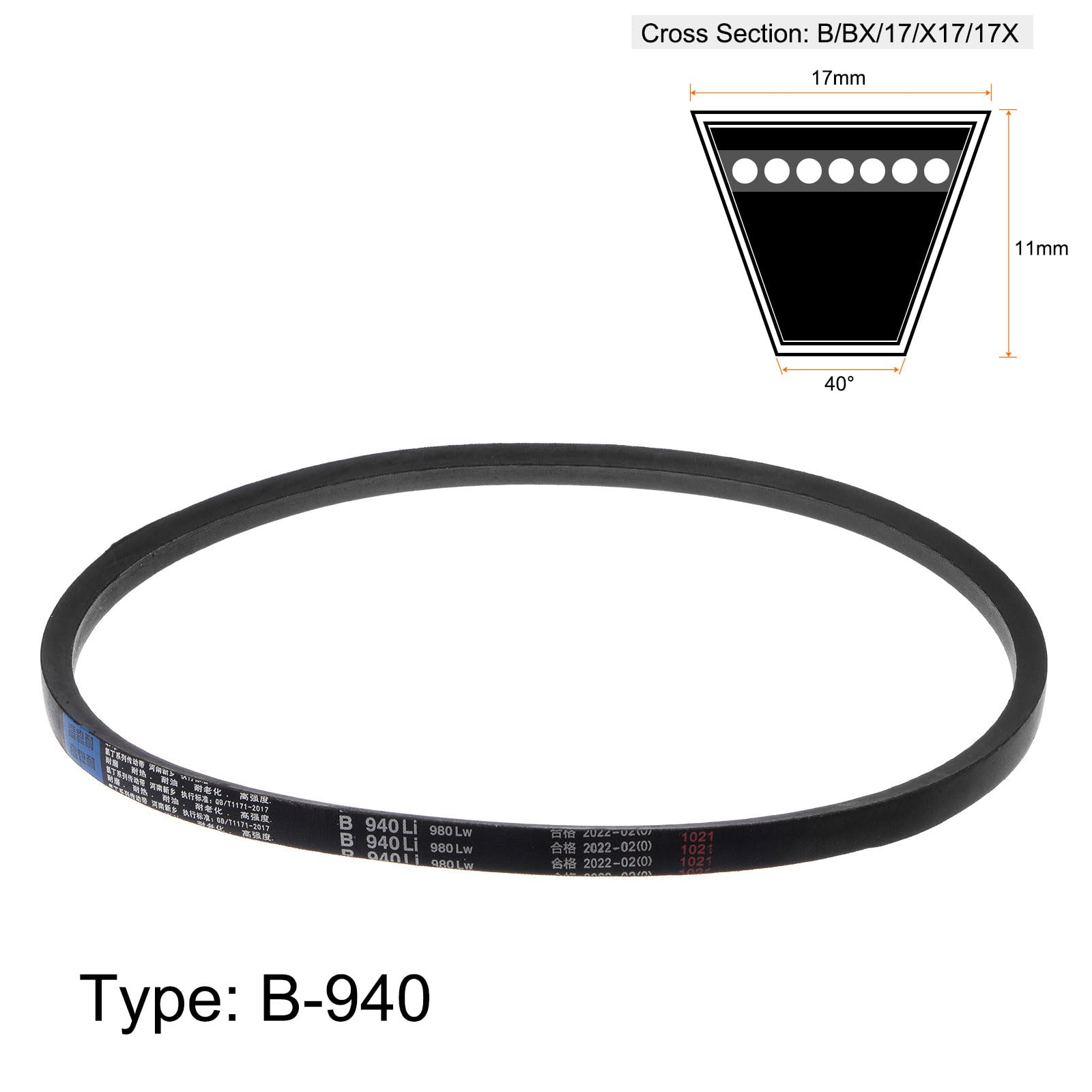 sourcing map B-940 Correa de transmisión de correas trapezoidales de 940 mm, contorno interior de 17 mm, ancho superior, sección B, goma para transmisión de potencia