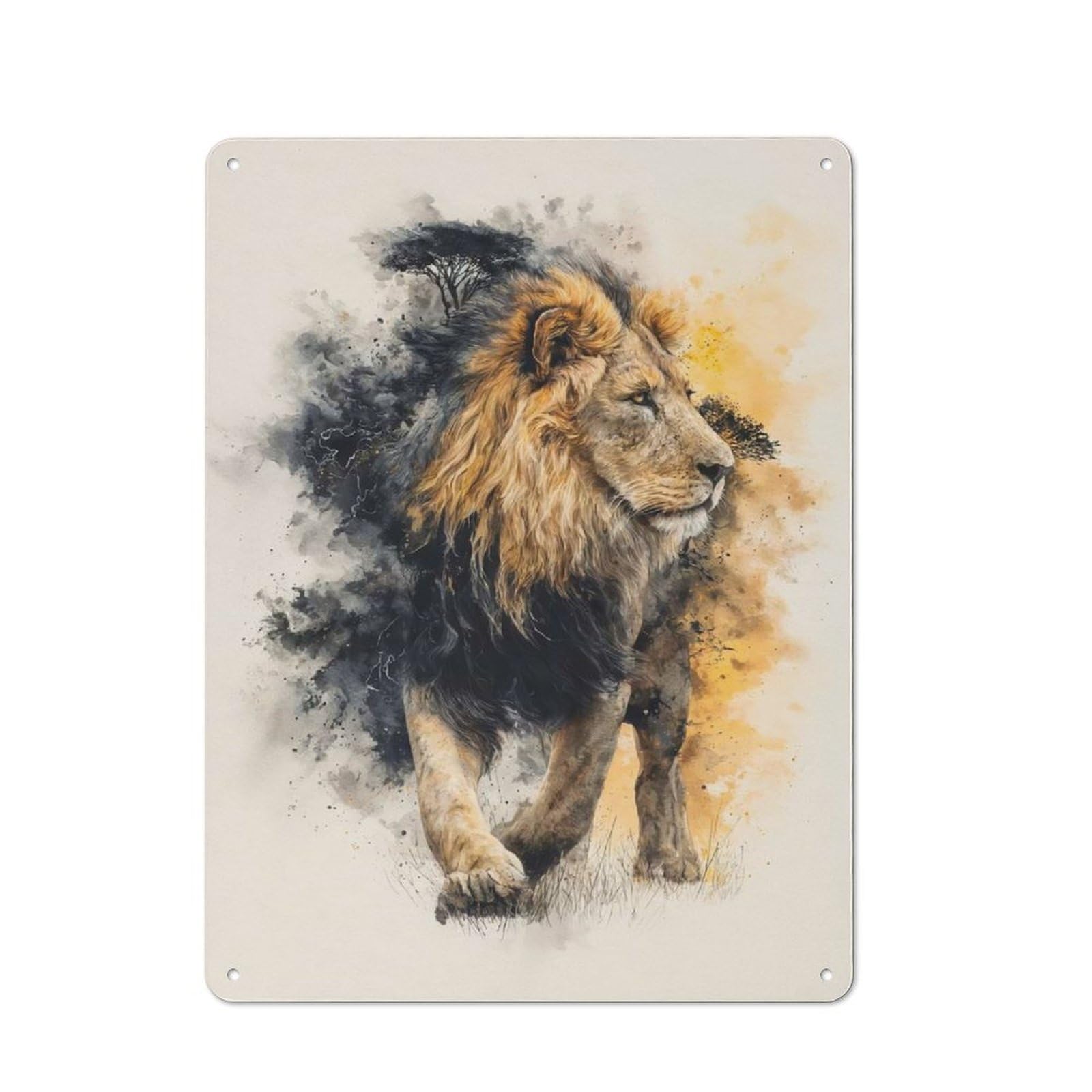 Retro Metal Plaque 40x30cm Featuring Majestic Lion in Watercolor Style for Workshop Wall, for Metal Sign Collectors, for Garage And Workshop Walls