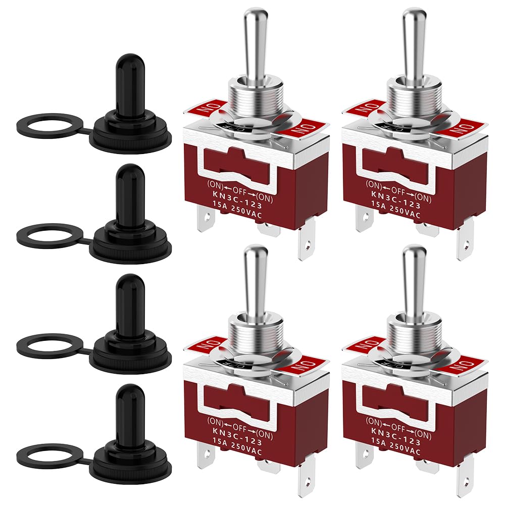 Momentary Toggle Switch, Malictele SPDT 3Pin (ON)-Off-(ON) Marine Toggle Switch 12VDC 30A/250VAC 15A Heavy Duty 3 Way with Waterproof Cap for Auto Car