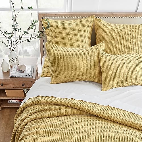Image of Levtex Home Mills Waffle Queen Bedspread Set (106x106in) with 2 Pillow Shams (26x20in) - Ochre - Cotton Waffle Queen Size Bedspread Set - Lightweight, Soft, Pre-Washed